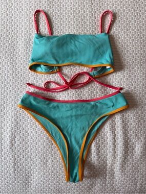Turquoise Ribbed Bikini Set with Coral & Mustard Trim